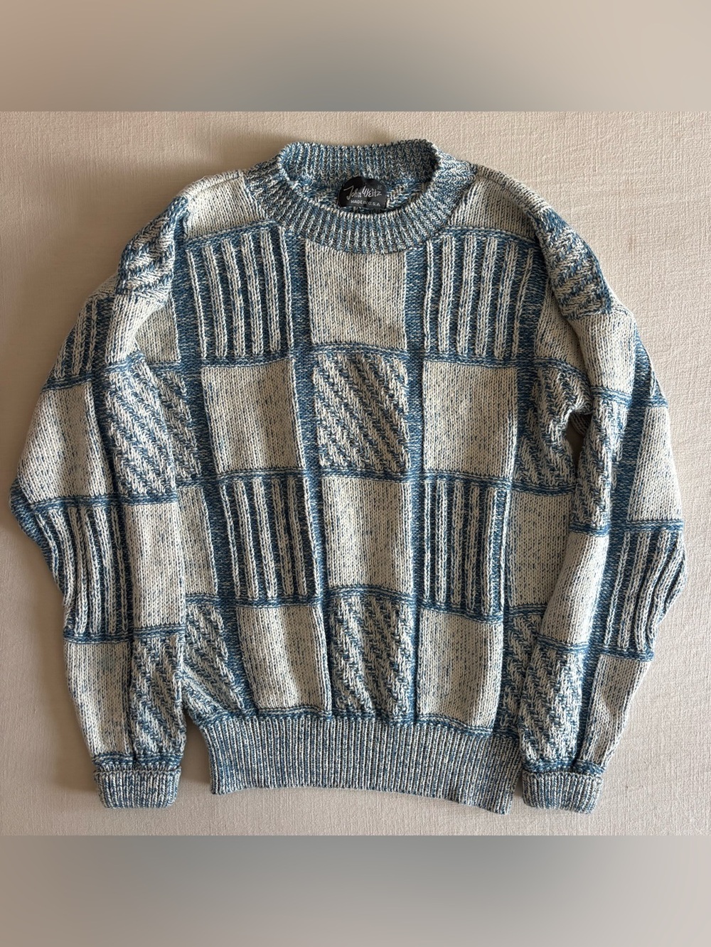 Vintage 90s John Weitz Blue Cream Patchwork Knit Sweater M